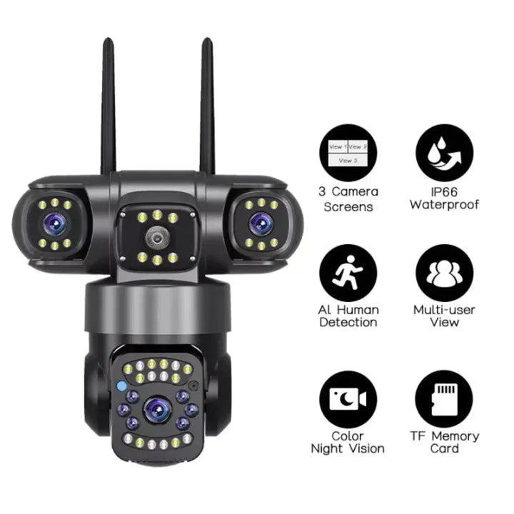 V380 WiFi PTZ Security Camera – Triple Lens, 3-Screen View