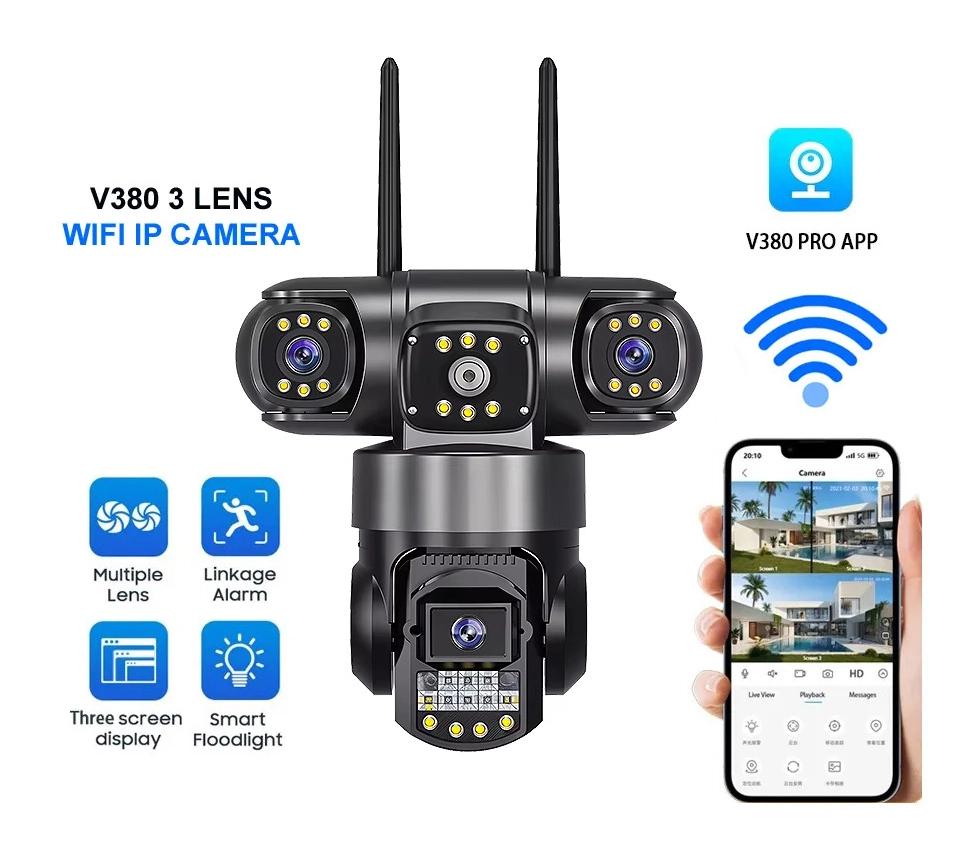 V380 WiFi PTZ Security Camera – Triple Lens, 3-Screen View