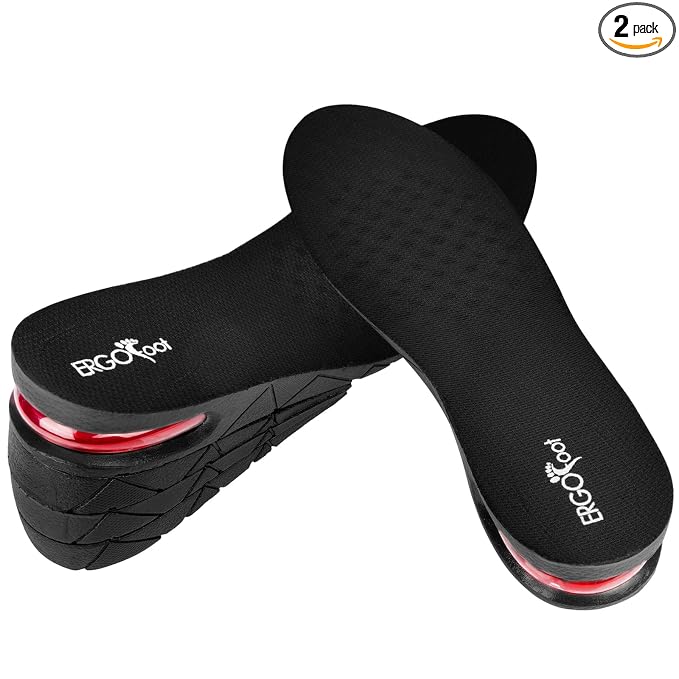 Two black shoe insoles with textured tops and raised ridges, shown on a white background. One insole is angled over the other to show the side profile, which features a red air-like accent.