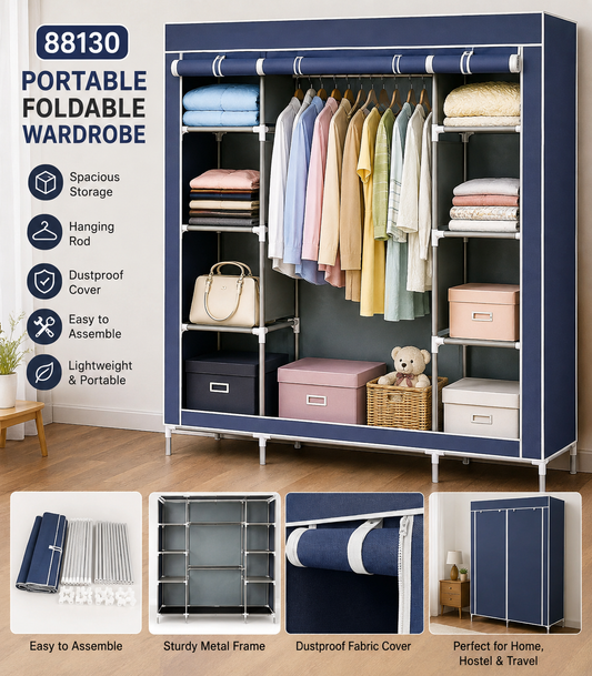 88130 Portable Foldable Wardrobe | 6+2 Shelf Cloth Wardrobe Organizer for Bedroom, Hostel & Home in Nepal